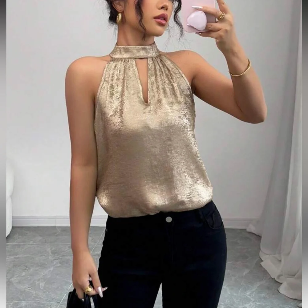 Chic Metallic Halter Blouse
